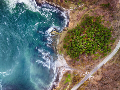 Aerial Drone View of the Rugged Coastline between Varvara and Tsarevo, Bulgaria.