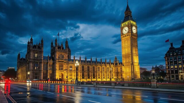 Iconic Big Ben clock tower and Houses of Parliament illuminated at dusk with traffic trails in London city