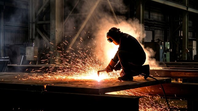Industrial Welder Working with Intense Sparks and Molten Metal in a Dark Factory Setting.