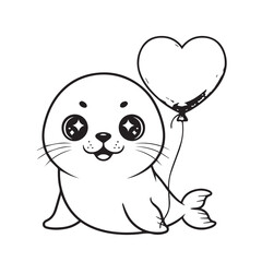 Obraz premium Cute cartoon seal holding a heart shaped balloon in a playful illustration.