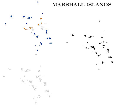 Marshall Islands Country Maps Bundle with National Flag, Black Silhouette and Detailed Outline Contours