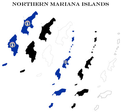 Northern Mariana Islands Map Bundle with Flag, Black Silhouette and Detailed Outline Contours