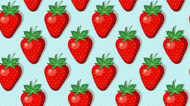 Seamless pattern of fresh red strawberries with green leaves on light blue background with white dots