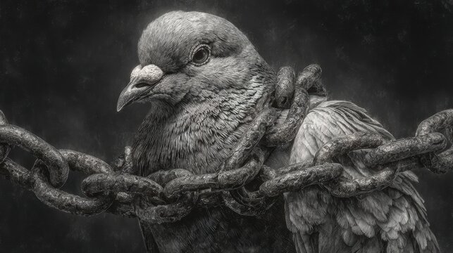 Captive Pigeon with Chains Symbolizing Loss of Freedom and Confinement