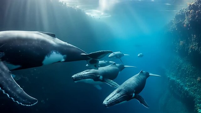 Sunlight streams into ocean with pod of whales swimming near a coral reef wall