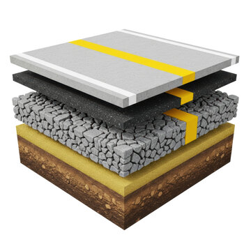 meticulously detailed vertical cross-section of a modern road structure, showing stratified layers from concrete surface to subgrade soil, against white copy space, concept of complex infrastructure