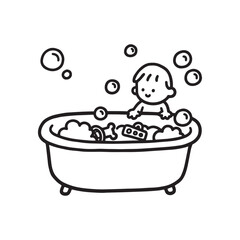 Naklejka premium Cute Hand Drawn Illustration of a Happy Little Child Playing in Bathtub. 