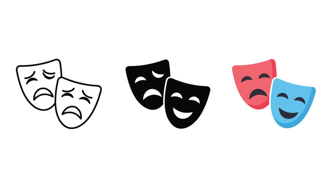 Theater Masks Icons: Sadness Joy - Clipart, logo template - Vector icon set - Glyph and solid icon set - Icon vector - Flat Design Icon - line icon set - Silhouette icon - Logo vector