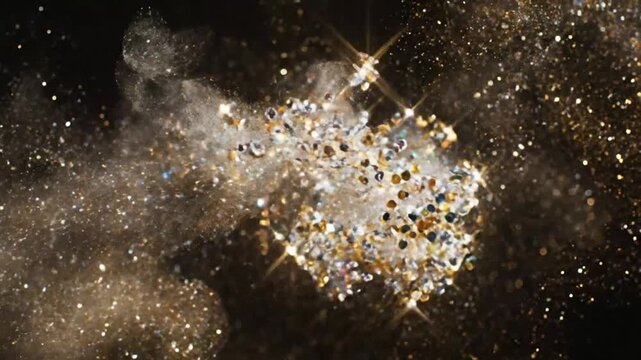 Luxurious explosion of glittering gold dust and sparkling gems against a dark background