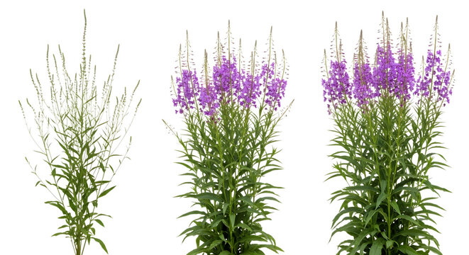 Three stages of fireweed plant growth isolated on transparent background