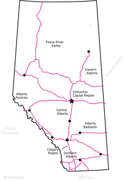 Alberta Region Labelled Highway Roads Network Map Province in Canada
