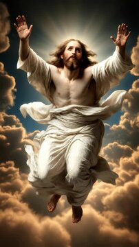 Jesus Christ ascending gloriously into heaven, a divine spiritual vision, representing God's omnipresent power and eternal salvation for humanity, faith and hope
