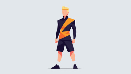 Fototapeta premium Stylized blonde male character wearing a futuristic black and orange geometric athletic outfit and standing confidently on a gray background.