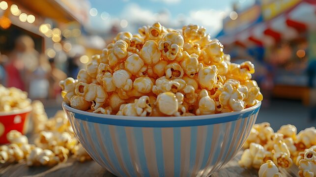 A vibrant bowl of kettle corn popcorn with a sweet and salty glaze sits on a wooden table surrounded by scattered kernels under bright outdoor lights at a festive fair setting.