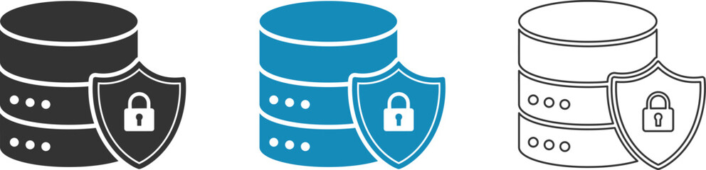 Three shield and cylinder icons in black, blue and line with lock and keyhole designs