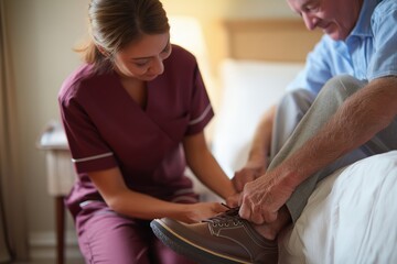 Dedicated Nurse in a Burgundy Uniform Assisting a Senior with His Shoes