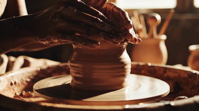 Hands shaping clay on a pottery wheel in a warm, rustic studio