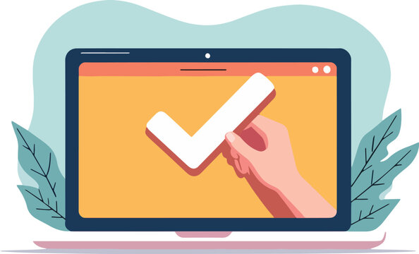 Finestra del browser dell'elenco di controllo. Segno di spunta. Segno di spunta bianco sullo schermo del laptop. Scelta, concetti di indagine. Elementi per banner web, siti web, vettoriale