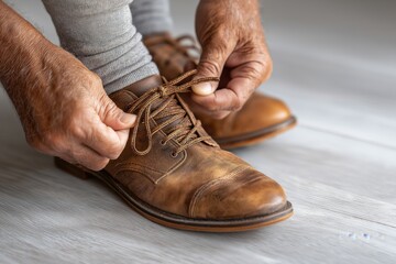 Elderly Man's Hands Tying Laces on Worn Brown Leather Shoes