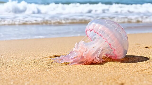 Pink jellyfish on sandy beach