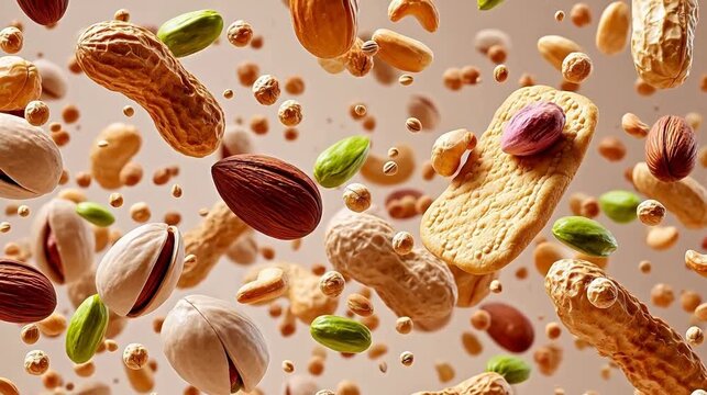 Flying nuts and biscuits in air