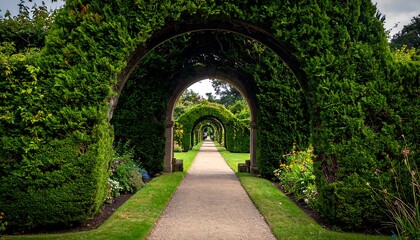 Obraz premium Tunnel of trimmed bushes over a stone path, lush green landscape view through a garden archway
