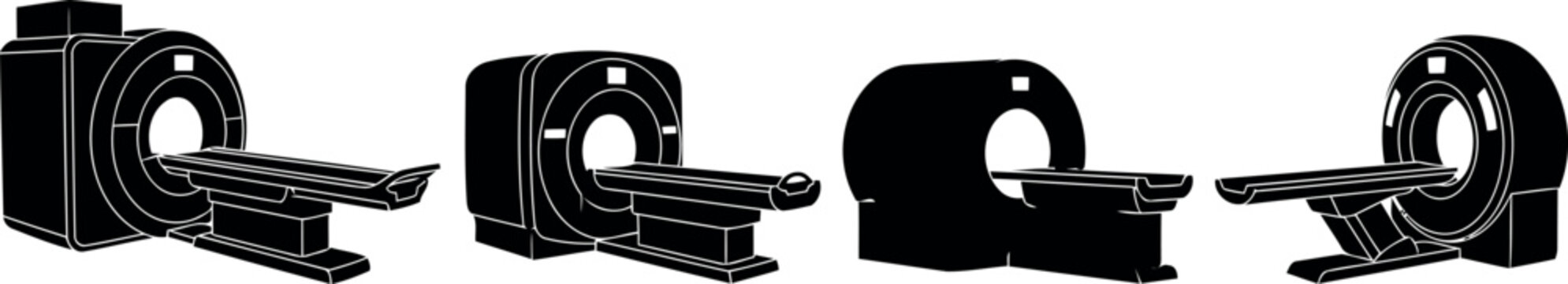 Set of MRI and CT Scan Machine Silhouettes, Medical Diagnostic Imaging Equipment Vector Art Illustrations