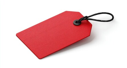 Fototapeta premium A vibrant red blank rectangular price tag with a black string, isolated on white