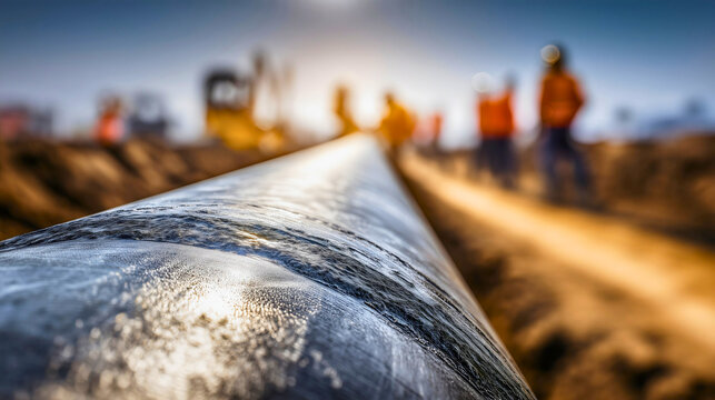 Close-up of a large industrial pipeline laid in a dirt trench, underground infrastructure installation, blurred construction workers and heavy machinery in the background.