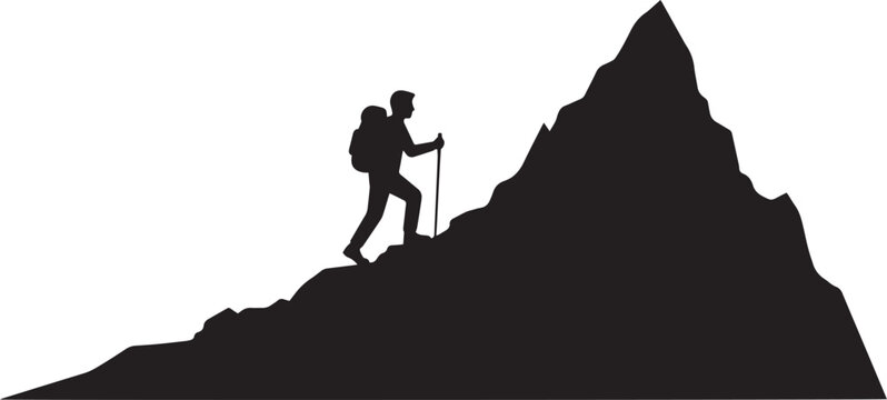Silhouette of a person climbing a rock cliff toward the mountain peak against a sunset sky at the top of a landscape to symbolize adventure and success