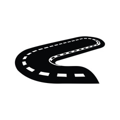Fototapeta premium Silhouette of winding road with dashed lines and curves in black and white vector illustration, race track silhouette vector illustration