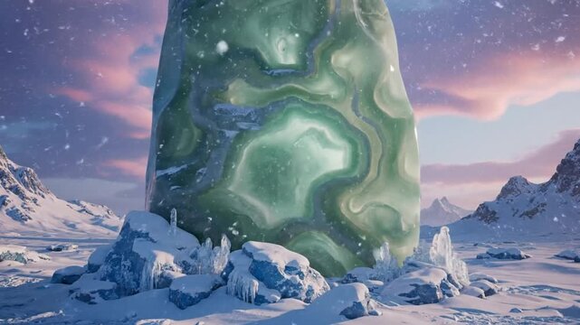 Epic scenic view of a mysterious monolithic green ice formation in a snowy winter landscape
