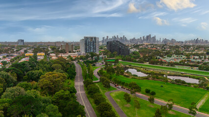 Panoramic Aerial Drone view of Inner Suburbs of Melbourne housing, roof tops, the streets and the parks, the roads and trees of Ascot Vale Moonee Ponds Brunswick Essendon and Maribyrnong in VIC Victor