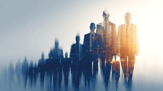 Group of business leaders walk towards the viewer in a city setting at dusk, representing success and progress in leadership