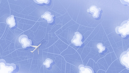 Obraz premium Aerial View of Airplane Flying Over City with Clouds