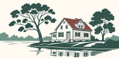 Fototapeta premium A serene house nestled under the shade of a large tree, surrounded by nature. Vector