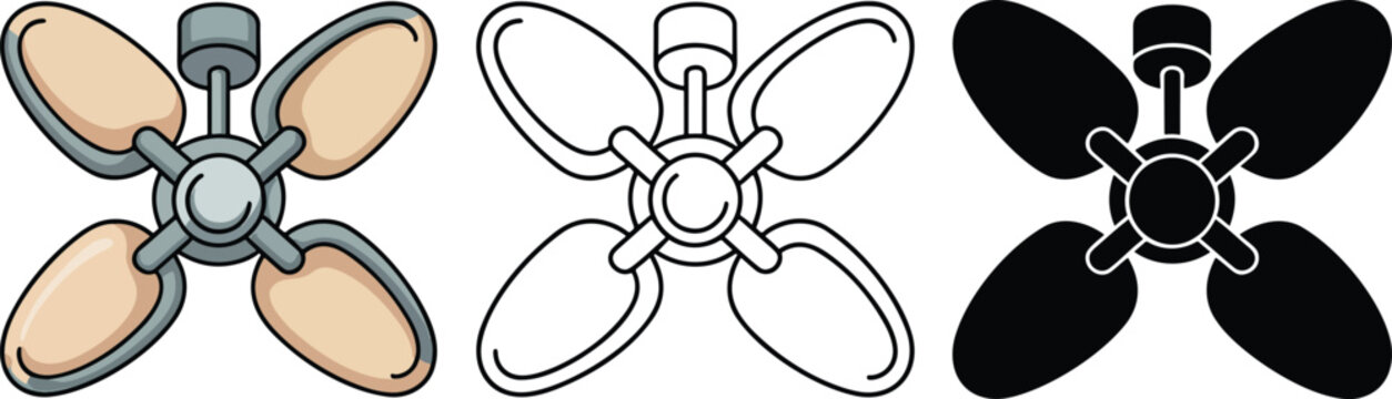 Ceiling fan silhouette & Outline and illustration set isolated on transparent background