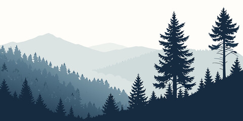 Majestic mountain landscape with dense forest and misty valleys Vector © RABBY