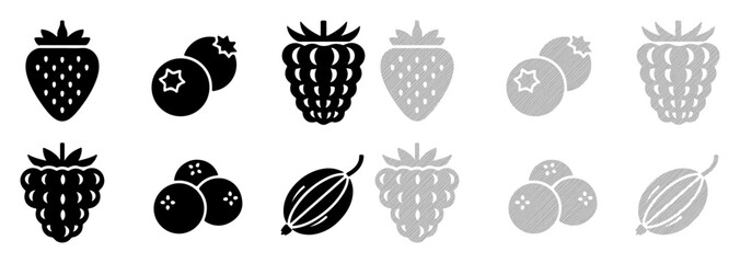 Collection of stylized berry icons including strawberries, blueberries, raspberries, and gooseberries. © MDTUHIN