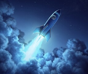 Fototapeta premium A sleek blue rocket soars upwards through clouds into a starry night sky