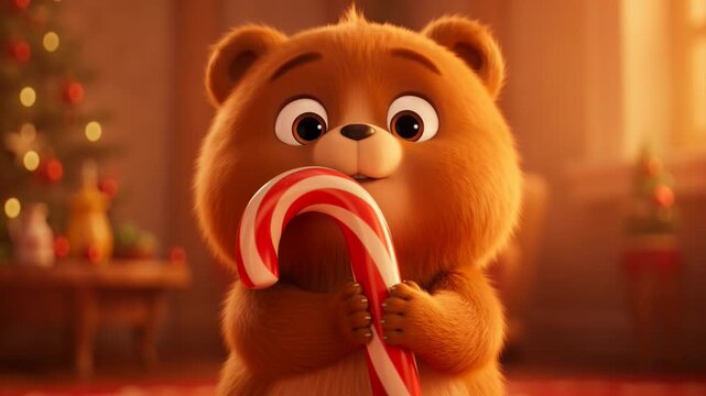 Animated fluffy teddy bear holding a candy cane at christmas with festive warm lighting indoors