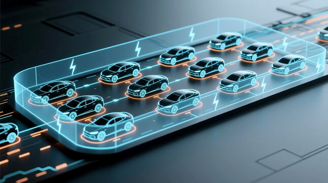 Futuristic Digital Network for Electric Mobility Safety Connected Vehicle Fleet Monitoring and Smart Logistics Transport Operations on High-Tech Background