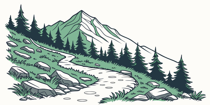 A serene mountain landscape with a winding trail and lush greenery Vector
