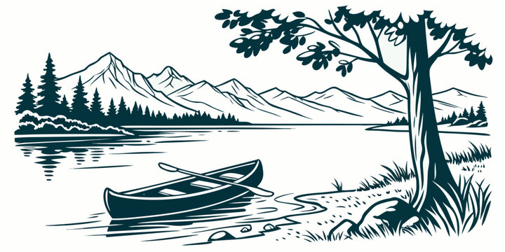 A serene lakeside scene with a lone boat and a tree on the shore Vector