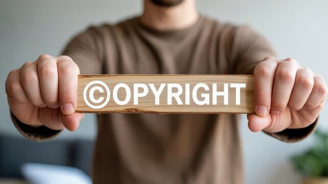Person holding a wooden block with copyright text and symbol