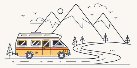 A vintage camper van parked by a scenic mountain road with snow-capped peaks in the background. Vector © RABBY