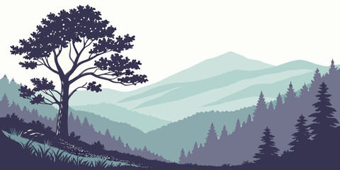 A majestic tree stands tall on a misty mountain peak overlooking a serene valley. Vector © RABBY