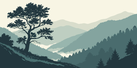 A majestic tree stands tall on a misty mountain peak overlooking a vast forest landscape. Vector © RABBY