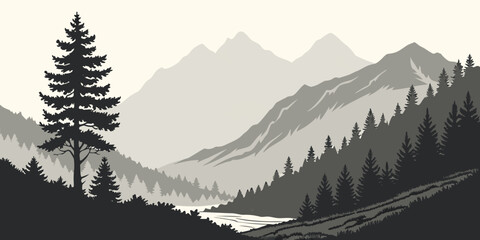 Fototapeta premium A serene mountain landscape with a prominent tree in the foreground. Vector