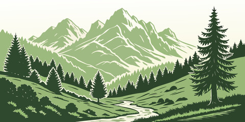 Fototapeta premium A serene landscape of lush green mountains and dense forests under a clear sky Vector